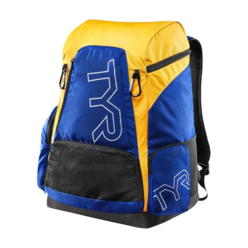 Alliance Backpack TYR Wet/Dry Athletic Gym and Pool Bag for Men and Women - Separate Wet/Dry Compartments, 45L Capacity, Ergonomic, Water-Resistant - Available in Team Colors - color: Royal/Gold, size: 45 Liter