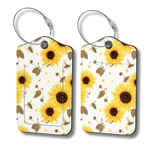Luggage Tags for Suitcases, 2-Pack PU Leather for Cruise & Travel, Baggage ID Tags with Privacy Cover & Address Card, Durable Metal Ring, Kids Adults Travel Accessories, Sunflower Buzz - color: Sunflower Buzz