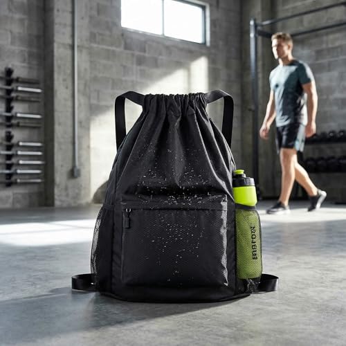 Waterproof Drawstring Backpack Gym Bag for Men Women, Lightweight Sports Cinch Sack with Front Pocket & Side Mesh Pockets, Large Capacity Durable String Bag for Gym Workout Travel Beach Swimming Black