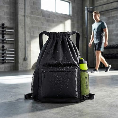 Waterproof Drawstring Backpack Gym Bag for Men Women, Lightweight Sports Cinch Sack with Front Pocket & Side Mesh Pockets, Large Capacity Durable String Bag for Gym Workout Travel Beach Swimming Black