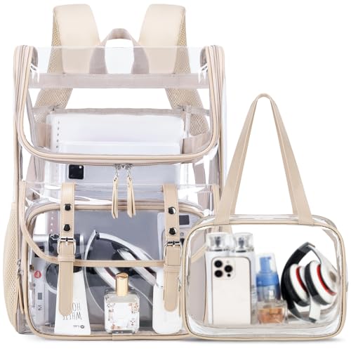 DIGOBAY Clear Backpack with Lunch Bag Set, Leather Clear Backpack Heavy Duty Thick PVC Bookbag Large See Through Transparent Backpacks with Support Pad for College Travel Workplace Security Khaki - color: Khaki