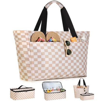 ISEYOU Beach Bag and Cooler Bag Set, 45L Waterproof XXL Foldable Tote with Zipper, 8 Pockets for Pool, Picnic, Travel - color: Brown