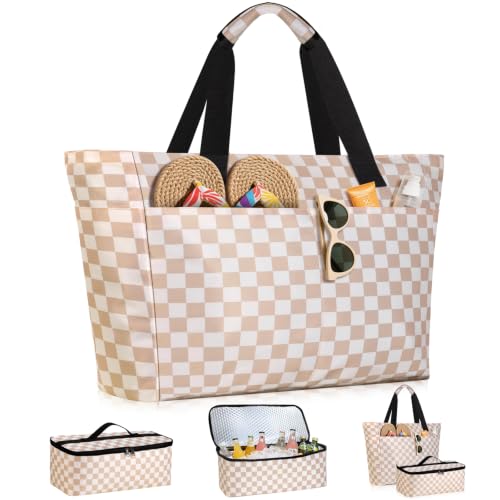 ISEYOU Beach Bag and Cooler Bag Set, 45L Waterproof XXL Foldable Tote with Zipper, 8 Pockets for Pool, Picnic, Travel - color: Brown