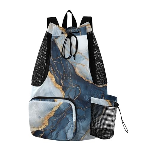 Drawstring Backpack For Swim Gym Swim Bag With Water Bottle Holder Pull String Back Pack Waterproof Marble White Navy Blu - color: Color 14