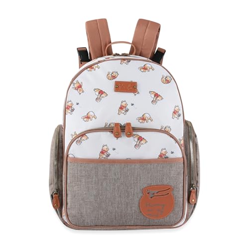 Disney Winnie the Pooh Baby Multi-Functional Diaper Bag Backpack with Changing Pad, Stroller Attachment and Insulated Bottle Holder Pockets