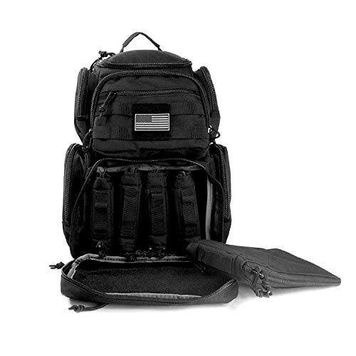 K-Cliffs Tactical Range Backpack – Lockable Bag for 5 Handguns Pouches – 900D Water‑Resistant with Rain Cover & USA Patch - color: Black With 5 Pouches