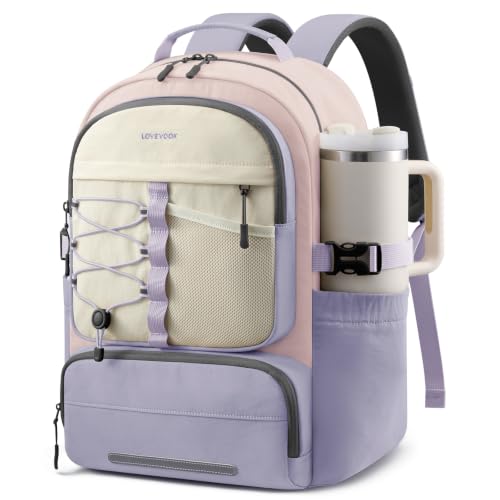 LOVEVOOK School Backpack for Teen Girls, Unique Style College Student Backpacks with Large Cup Holder, Cute Kid Bookbag with Pens Compartment, Large Capacity Back to School Backpack Fit 15.6'' Laptop - color: Purple Pink Beige, size: Medium