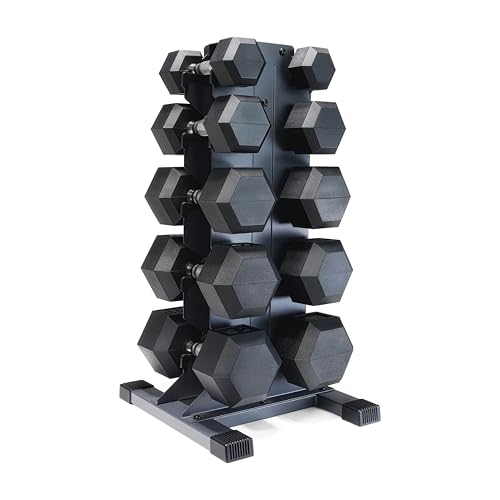 CAP Dumbbell Set with Rack, Rubber Coated Hex Free Weight Set | 100–300 lb Options, Vertical Space-Saving Storage for Home Gym Strength Training - size: 300 lb Set - Black Rack, style: Chrome Handle