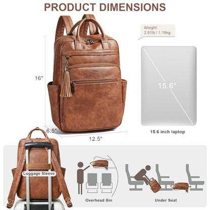 Shrrie Laptop Backpack for Women 15.6 inch Travel Leather Backpack Purse Work Computer Backpacks for Business College Brown - color: Brown