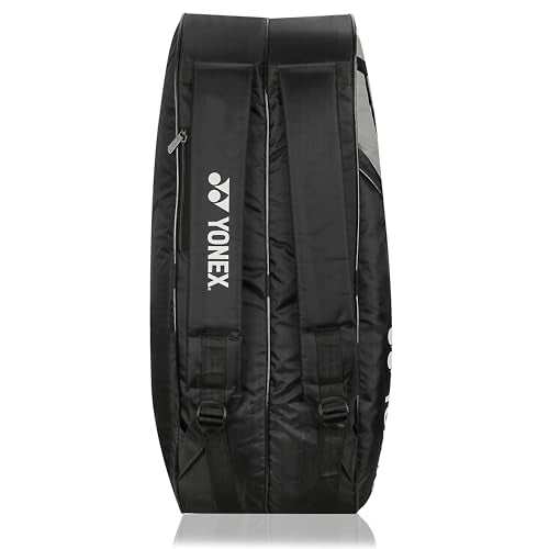 Yonex Stylish Badminton Kit-Bag |Double Zipper Compartment for Storage of 6 Rackets and Clothes|Side Pocket |Back Straps |Accessories Compartment |Made in India - color: BLACK GREY DARK YELLOW