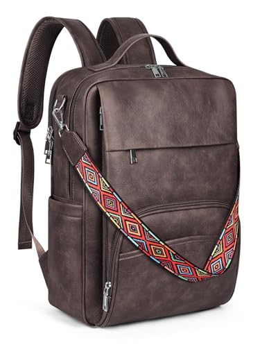 SYTRAH Leather Laptop Backpack, 15.6 Inch Business Computer Bag, Designer College Backpack Travel Backpack with Colorful Shoulder Bag Strap Dark Coffee - color: Dark Coffee