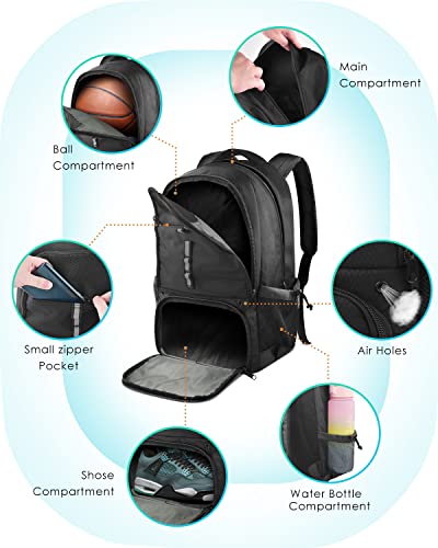 BROTOU Basketball Backpack, Large Basketball Bag with Shoes and Ball Compartment, Soccer Backpacks for Basketball/Volleyball - color: Black