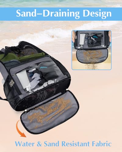 Drawstring Backpack Sandproof Beach Backpack with Shoe Compartment & Wet Pocket Waterproof Mesh Swim Bag Pool Bag for Gym, Travel and Workout Gear (Grey) - color: Grey