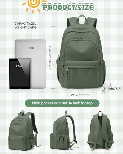 winspansy Backpack for School Teenage Girls Boys,Waterproof Lightweight School Bags Travel Daypack Simple Cute College Backpack Rucksack for Women Men fit 14 Inch Laptop,Army Green - color: A2-army Green