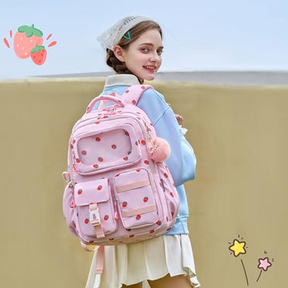 AO ALI VICTORY Backpack for Girls with Lunch Bag Kids School Bags for Elementary Middle School Students Cute Bookbag (strawberry) - color: Strawberry