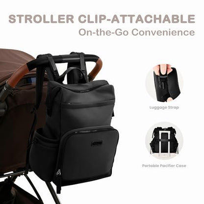 VONAL Neoprene Diaper Bag Backpack with Changing Pad, 33L Large Capacity Neoprene Backpack Baby Diaper Bag with Insulated Pockets, Travel Diaper Backpack Baby with 12 Pockets for Mom & Dad, Black - color: Dark Black