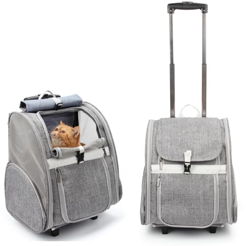 Lollimeow Pet Rolling Carrier, Dog Backpack with Wheels,Cats,Puppies Travel Bag with Wheels,Dog Trolley(Grey)