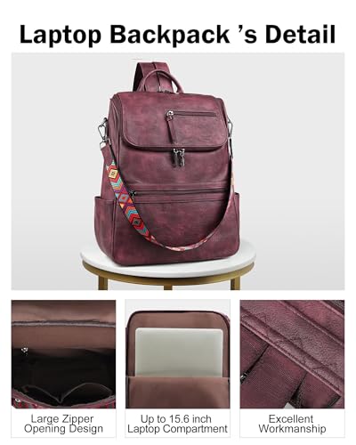 FADEON Laptop Backpack for Women Leather Travel Backpack with Laptop Compartment, Designer PU Shoulder Laptop Bag Red - color: Wine Red Retro Style
