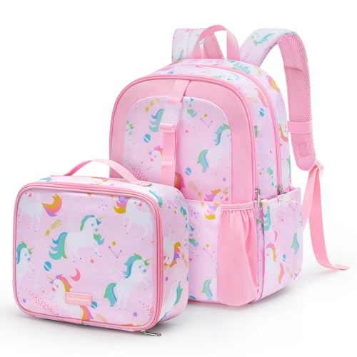 mommore Kids Backpack for Boys Girls 4-8 Kindergarten Elementary School Backpack with Lunch Box - 15” H Fit Folder - color: Pink Unicorn, style: 2 Pcs