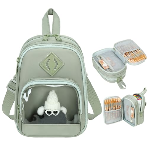 Large Capacity Kids Backpack Pencil Case Pen Bag with Clear Pocket, Cute Kawaii Pen Pouch Organizer with Adjustable Strap & Plush Doll Keychain for School Girls Boys (Green) - color: Green