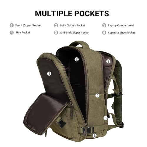KAUKKO Canvas Travel Backpack, Personal Item Airline Approved, Carry On Backpack with Multi-Pockets and Shoe Pouch, fit 15.6 inch Laptop, 40L Weekender Bag, 11-ARMYGREEN - color: 11-armygreen