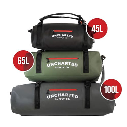 Uncharted Supply Co. The Vault Waterproof Duffel Bag - Airtight bag with Backpack Straps, Carry-On Size, Perfect for travel, boating, camping, recreation. (Olive, 65L) - color: Olive, size: 65L