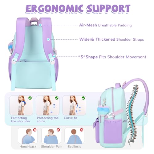 Girls Backpack, Lightweight Kids Backpack Kawaii School Backpacks Bookbag for Primary Elementary School,Age 6-14 years,Black Match Purple (Luggage Strap Ver) - color: 1pc-green & Purple(luggage Strap Ver)