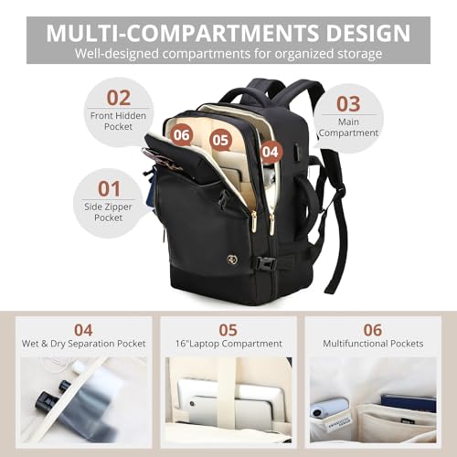 Swissdigital Design Travel Laptop Backpack for Women, 36L Carry On Backpack with USB Charging Port, RFID Protection & Wet-Dry Separation, TSA Friendly Fits 16 Inch Laptop, Black | SD1749-01 - color: Black