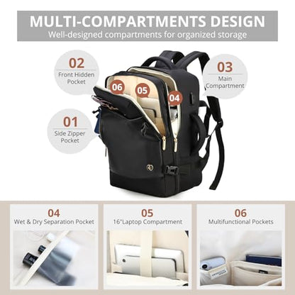 Swissdigital Design Travel Laptop Backpack for Women, 36L Carry On Backpack with USB Charging Port, RFID Protection & Wet-Dry Separation, TSA Friendly Fits 16 Inch Laptop, Black | SD1749-01 - color: Black