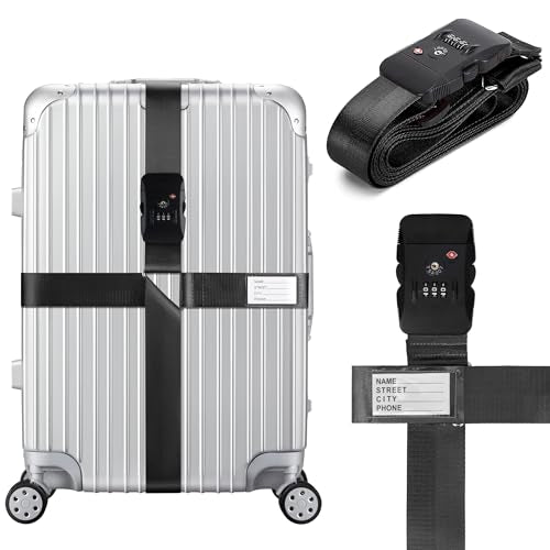 Luggage Straps TSA Approved with Combination Lock, Adjustable Suitcase Belts for 20"-32" Luggage, with Name ID Card for Identify, Travel Airport Accessories for Checked Bags (Cross Black) - color: Cross Black