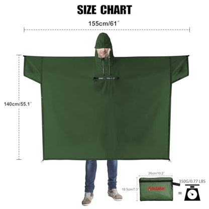 Andake Waterproof Rain Poncho for Adults Unisex,230T Ripstop Polyester,Raincoat Gear with Transparent Viewing Window Outdoors - color: Dark Green