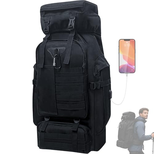 80L Camping Hiking Backpack, Large Military Tactical Backpack with USB Charging Port, Waterproof Travel Daypack With Carabiner Outdoor MOLLE Rucksack for Men Women (Black) - color: 80l Black-biner