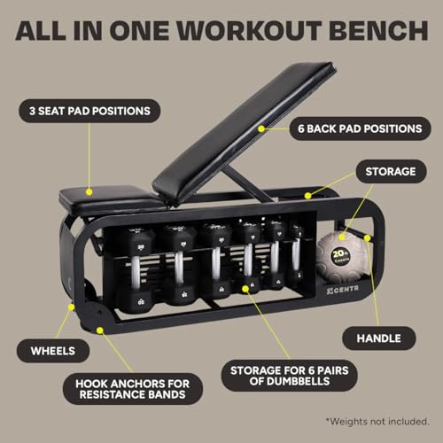 Centr Workout Bench Press, Fusion Bench - Multi-Purpose Adjustable Weight Bench with Storage Rack for Dumbbells, Bands, & Recovery Tools - Incline & Sit Up Bench for Home Gym Exercise