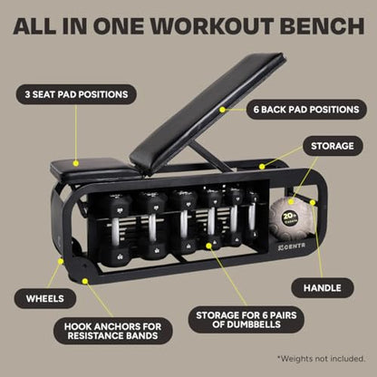 Centr Workout Bench Press, Fusion Bench - Multi-Purpose Adjustable Weight Bench with Storage Rack for Dumbbells, Bands, & Recovery Tools - Incline & Sit Up Bench for Home Gym Exercise