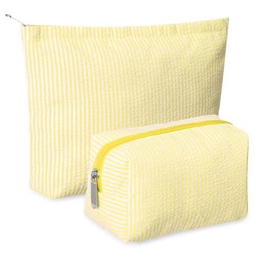 Huhumy 2 Pcs Makeup Bag Set Cute Cosmetic Pouch for Women Seersucker Travel Toiletry Bag Preppy Small Makeup Purse Pouch Aesthetic Skincare Brushes Storage Organizer for Valentine Women(Yellow) - color: Yellow, style: Thin Striped Seersucker