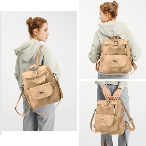 Backpack Purse for Women, PU Leather Backpack Purse, Fashion Travel Anti Theft Backpack, Multipurpose Lightweight Waterproof Convertible Purse Shoulder Bag Handbag, Kakhi - color: Kakhi