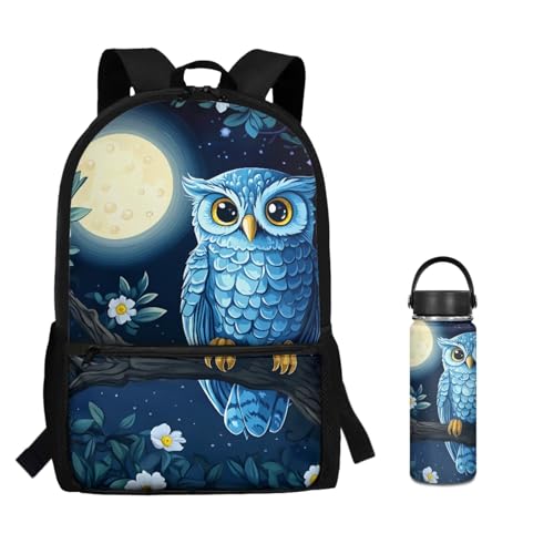 ZOUTAIRONG Moon Owl Backpack for School and Small Thermos School Bags for Girls Boys 7-10/10-12/12-16, Casual Backpack with 2 Side Pockets - color: Moon Owl