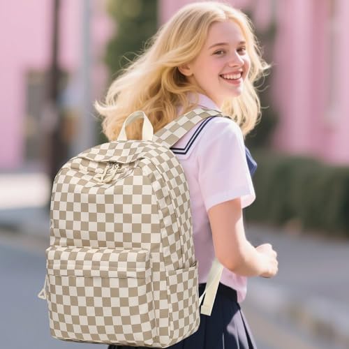 Bluboon School Backpack for Teen Girls Women Laptop Backpack College Bookbags Middle School Travel Work Commuter Back Pack - color: Brown White Grid