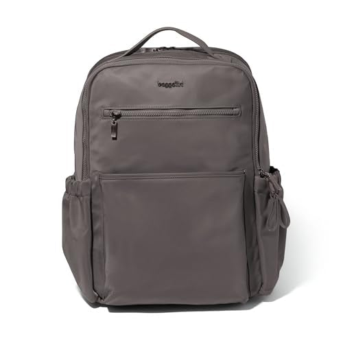 Baggallini Tribeca Expandable Laptop Backpack - 15"x11" Lightweight RFID Computer Bag for Work & Travel with Luggage Sleeve - color: Smoke Twill