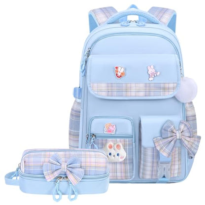 NSEQB Girls Backpack,Kids School Backpack With Lunch Box Pencil Case Set,Cute Childrens Schoolbag For Girls - color: Blue-2PCS