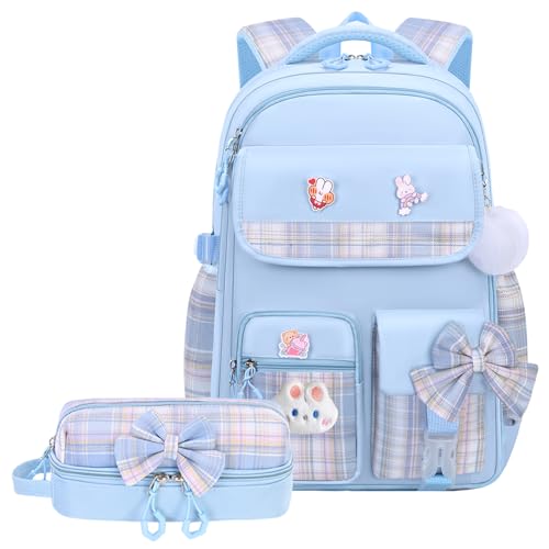 NSEQB Girls Backpack,Kids School Backpack With Lunch Box Pencil Case Set,Cute Childrens Schoolbag For Girls - color: Blue-2PCS