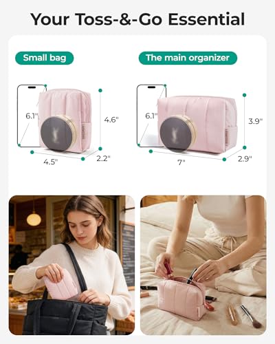BAGSMART Makeup Bag Duo Set, Puffy Padded Travel Cosmetic Organizer with Slip-in Pockets, Large Toiletry Bag & Small Purse Pouch, Travel Essentials for Women, Greige - color: 14-Brown