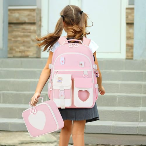 ACESAK Backpack for Girls - Bookbag Backpacks Schoolbag for Girls Kids Teen Women Casual Travel Daypacks - School Bag Elementary Middle School College Cute Backpack with Lunch Box (Pink White) - color: Pink White