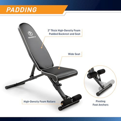 Marcy Foldable Adjustable Utility Weight Bench, Strength Training Home Gym for Full Body Workout