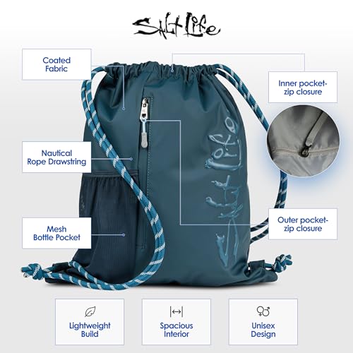 Salt Life Drawstring Backpack for Men and Women - Small Draw String Cinch Gym Bag with Water Bottle Pocket and Zipper Pocket - color: Indigo