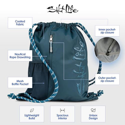 Salt Life Drawstring Backpack for Men and Women - Small Draw String Cinch Gym Bag with Water Bottle Pocket and Zipper Pocket - color: Indigo