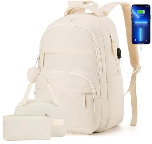 YAMTION 3 Pack School Bag Set for Women Girls,Laptop Backpack for College Students Secondary School Bags Book Bag Back Pack,Mochilas Mujer Morrales Escuela - color: Beige, size: 15.6 inch (3 pack)