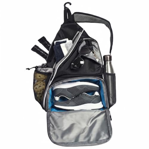 Pickleball Sling Bag with Shoe Compartment - Crossbody Backpack Fits 2 Paddles, 32oz Bottle & Fence Hook, Sports Bag for Men & Women (Shoe Limit: up to US Men's 10 / Women's 11.5) - color: Black/Grey