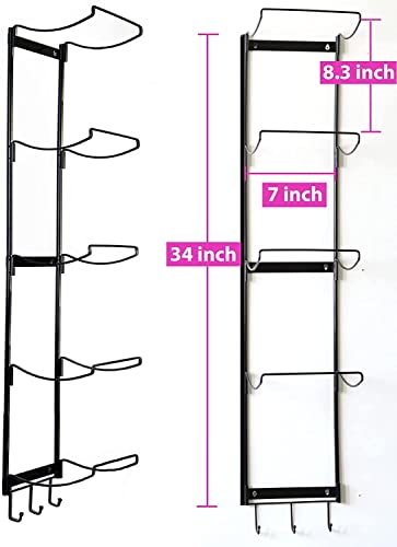 5-Tiers Yoga Mat Holder Wall Mount, Metal Storage Rack for Yoga Mat/Wheels, Foam Roller and Block etcs, Wall Rack Organizer with 3-Hooks for Hanging Stretching Strap & Resistance Bands（2 Pack）