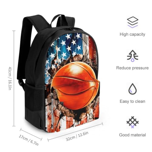 Basketball American Flag Backpack, Durable Polyester Daypack with Laptop Compartment, Reinforced Bottom, Adjustable Shoulder Straps And Multi Pockets for Travel And Daily Use - color: Basketball American Flag